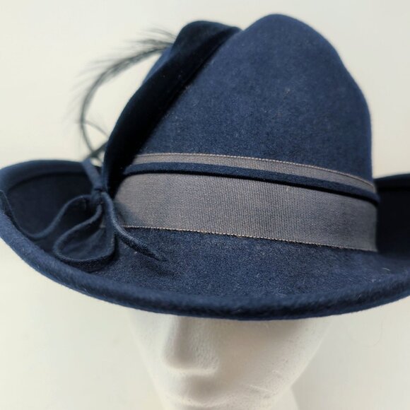 Vintage Silvia Hat Felt Stiff Blue Felt Feather Breton - Picture 11 of 11